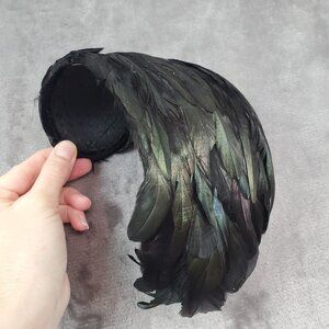 Vintage Womens Hat Black Feather Headband Style Union Made USA Iridescent Green